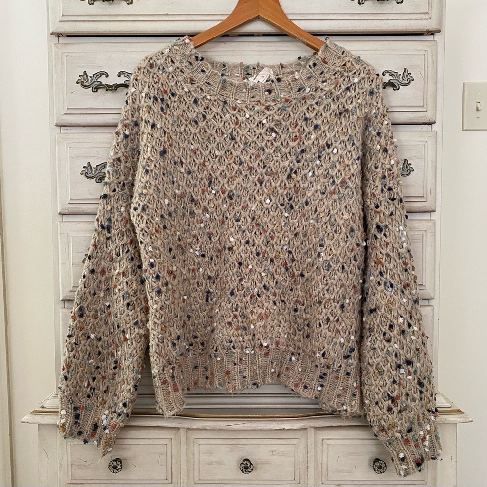 Vici Beige Multicolor Open-Knit Speckled Sweater